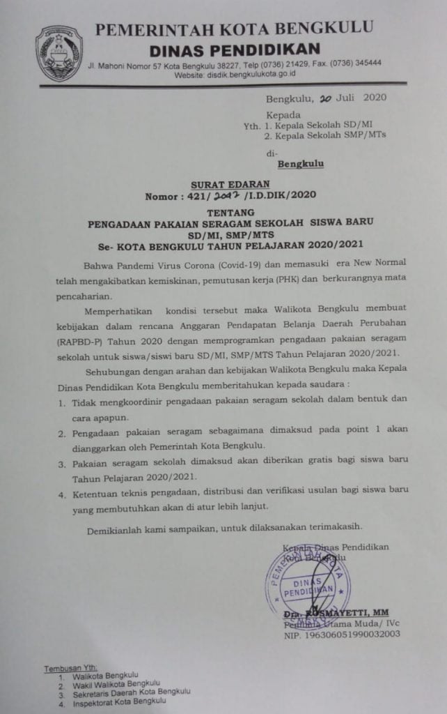 SE Disdik Tentang Pengadaan Seragam GRATISS Untuk SD dan SMP