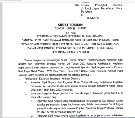 Surat Edaran Walikota Bengkulu Nomor :800/33/B.KPP